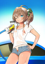  :3 ahoge bikini bikini_under_clothes blowing blue_car blue_eyes blue_shorts blue_sky blush brown_hair car cat_hair_ornament collarbone colored_eyelashes commentary_request contrapposto covered_navel cowboy_shot day denim denim_shorts female flat_chest green_ribbons groin hair_between_eyes hair_ornament hair_ribbon hand_on_own_hip highres holding holding_hose hololive hose hose_nozzle medium_hair motor_vehicle natsuiro_matsuri navel one-piece_tan one_eye_closed open_fly orange_bikini outdoors parted_lips pursed_lips ribbon sabaku_chitai see-through see-through_shirt shirt short_shorts shorts side_ponytail sidelocks sky soap_bubbles solo standing string_bikini swimsuit t-shirt tan tanlines thighs unbuttoned unzipped virtual_youtuber washing washing_vehicle wet wet_clothes wet_hair wet_shirt white_shirt zipper 