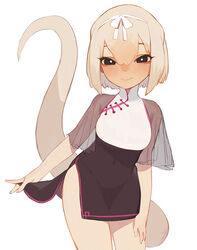  anteater_tail beijuu black_eyes china_dress chinese_clothes closed_mouth dress female hair_between_eyes hairband hand_on_own_thigh kemono_friends lifting_own_clothes looking_at_viewer navel see-through short_hair side_slit silky_anteater_(kemono_friends) simple_background smile solo standing tail white_background 