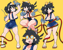  ass black_choker black_eyes black_hair black_nails blue_overalls breasts choker cleavage female gloves grey_gloves highres lucia_(scott_malin) medium_breasts multiple_views naked_overalls original overall_shorts overalls sandals scott_malin sideboob simple_background welding_goggles welding_torch yellow_background 