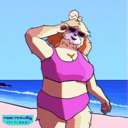  2021 animal_crossing anthro beach big_breasts bikini bikini_bottom bikini_top biped blonde_hair breasts canid canine canis chromatic_aberration cleavage clothed clothing dated domestic_dog eyewear female fur grainy hair holding_eyewear holding_object holding_sunglasses hot_knives isabelle_(animal_crossing) mammal nintendo open_mouth overweight overweight_anthro overweight_female parody pawpads paws pink_bikini pink_clothing pink_swimwear portrait sea seaside sharp_teeth shih_tzu signature sky standing sunglasses swimwear teeth three-quarter_portrait toy_dog water yellow_body yellow_fur 