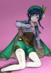  1boy absurdres bad_id bad_pixiv_id beret black_hair blue_eyes blue_hair blush braid bryanth cape collarbone flower genshin_impact gradient_hair green_hat hair_flower hair_ornament hat highres leaf leaf_hair_ornament long_sleeves looking_at_viewer male_focus multicolored_hair open_mouth otoko_no_ko pantyhose pink_background simple_background smile solo twin_braids venti_(genshin_impact) white_pantyhose 