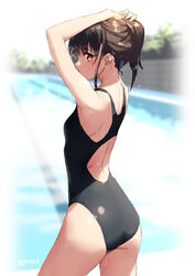  arms_up ass aya_(jonsun) back_cutout bare_arms bare_shoulders black_one-piece_swimsuit breasts clothing_cutout commentary_request competition_swimsuit cowboy_shot day female from_behind jonsun looking_at_viewer looking_back one-piece_swimsuit original outdoors pool poolside short_hair short_ponytail small_breasts solo swimsuit twitter_username yellow_eyes 