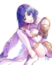  armor blue_eyes blue_hair catria_(fire_emblem) commentary_request dress elbow_gloves female fire_emblem fire_emblem_echoes:_shadows_of_valentia fire_emblem_heroes gloves head_tilt headband highres knees_together_feet_apart looking_at_viewer open_mouth parted_bangs pelvic_curtain shoes short_hair shoulder_armor signature simple_background sitting smile solo tarayuki thighhighs thighs turtleneck vambraces white_background white_dress white_footwear white_gloves white_thighhighs 