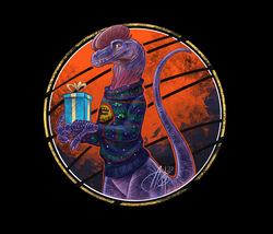  2020 abstract_background aerosaur83 bottomless box christmas christmas_clothing christmas_sweater christmas_topwear claws clothed clothing container dilophosaurid dilophosaurus dinosaur extinct featureless_crotch gift gift_box holidays jurassic_park looking_aside looking_at_viewer male prehistoric_species purple_body purple_scales reptile scales scalie sharp_teeth smile solo sweater teeth theropod topwear universal_studios yellow_eyes 