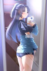  ass black_shirt blue_archive blue_buruma blue_jacket blush breasts buruma cellphone feet_out_of_frame female half_updo halo highres holding holding_phone indoors jacket jacket_partially_removed kagin_(kagou_shita_nanika) looking_to_the_side medium_breasts mirror official_alternate_costume phone ponytail purple_eyes purple_hair selfie shirt smile solo track_jacket yuuka_(blue_archive) yuuka_(track)_(blue_archive) 