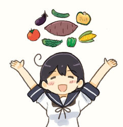  ahoge bell_pepper bitter_melon black_hair blue_sailor_collar chili_pepper closed_eyes commentary corn corn_cob cucumber date_pun eggplant female food green_pepper kantai_collection long_hair lowres number_pun outstretched_arms saiguchi_otoufu sailor_collar school_uniform serafuku simple_background solo squash sweet_potato tomato upper_body ushio_(kancolle) white_background 