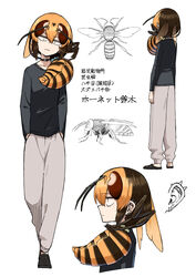  antennae arthropod_girl bug choker ear_piercing evolvingmonkey female full_body hands_in_pockets highres hornet_suzuki multiple_views original piercing sanpaku translated wasp wasp_girl white_background 