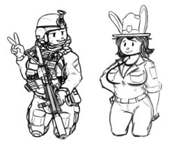  anthro armor big_breasts breasts clothed clothing coalcat electronics elinor_wonders_why female gloves gun hair handwear headgear headphones headset helmet lagomorph leporid mammal military military_helmet military_jacket military_pants military_uniform monochrome rabbit ranged_weapon ranger_rabbit solo uniform weapon 