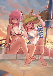  2girls absurdres animal_ear_fluff animal_ears bare_shoulders barefoot bikini bikini_under_clothes blue_bikini breasts cleavage collarbone cup drinking_straw ears_through_headwear fate/grand_order fate_(series) feet ferris_wheel fox_ears fox_girl fox_tail hair_over_one_eye hat highres large_breasts legs lens_flare light_purple_hair long_hair looking_at_viewer mash_kyrielight mash_kyrielight_(swimsuit_of_perpetual_summer) multiple_girls official_alternate_costume onedoo open_mouth orange_sky outdoors parasol photoshop_(medium) pink_hair poolside purple_eyes shirt short_hair sitting sky smile straw_hat sunset swimsuit t-shirt tail tamamo_(fate) tamamo_no_mae_(swimsuit_lancer)_(fate) tamamo_no_mae_(swimsuit_lancer)_(second_ascension)_(fate) umbrella water wet wet_clothes wet_shirt white_bikini yellow_eyes 