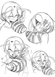  antennae arthropod_girl ear_piercing evolvingmonkey expressions fangs female greyscale highres hornet_suzuki monochrome original piercing sanpaku shaded_face translated upper_body wasp_girl white_background 