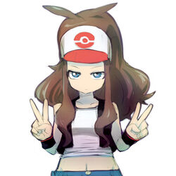  alchera baseball_cap black_vest blue_eyes breasts brown_hair closed_mouth commentary curly_hair denim denim_shorts double_v female groin hat high_ponytail hilda_(pokemon) jeans long_hair looking_at_viewer midriff_peek navel pants pokemon pokemon_bw ponytail shirt shorts simple_background sleeveless sleeveless_shirt solo tank_top v vest white_background white_shirt wristband 