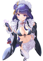  alternate_costume bikini black_bikini black_footwear blush braid breasts closed_mouth commentary detached_sleeves electricity enmaided female frills from_above full_body genshin_impact hair_ornament hamahama hand_on_own_hip hand_up highres holding large_breasts long_hair long_sleeves looking_at_viewer low-braided_long_hair low-tied_long_hair maid maid_bikini maid_headdress mole mole_under_eye navel purple_eyes purple_hair raiden_shogun shoes smile solo standing standing_on_one_leg stun_gun swimsuit thighhighs thighs unconventional_maid very_long_hair white_background white_thighhighs wide_sleeves 