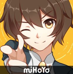  1boy aged_down brown_eyes brown_hair close-up closed_mouth company_name finger_gun hair_between_eyes honkai_(series) honkai_impact_3rd male_focus momoko_nico one_eye_closed parody portrait simple_background smile solo welt_yang yellow_background 