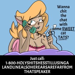  1:1 2023 4_fingers anthro big_breasts black_eyebrows black_text blonde_hair blue_background blue_eyes breasts callie_briggs cleavage clothed clothing color_edit colored curved_eyebrows digital_drawing_(artwork) digital_media_(artwork) domestic_cat electronics english_text eyebrows eyelashes eyewear felid feline felis female female_anthro fingers glasses hair hanna-barbera holding_object holding_phone humanoid_hands humor iris landline_phone long_hair looking_aside lying mammal manwithnobats motion_lines motion_outline nightgown no_pupils number on_front open_mouth open_smile phone pink_clothing pink_inner_ear pink_nightgown pink_nose pink_tongue prick_ears question simple_background small_nose smile solo swat_kats tan_body teeth text text_emphasis thin_eyebrows third-party_edit three-quarter_view tongue twirling underline white_text yes-no_question 