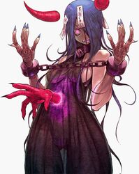  andrewcockroach arm_tattoo bare_shoulders black_dress blue_hair blue_nails breasts chains cuffs dark_blue_hair demon_girl demon_horns detached_horns dress female fingernails hatching_(texture) highres horns large_breasts long_fingernails long_hair looking_at_viewer magic_circle open_mouth original pentagram pink_eyes red_horns see-through see-through_dress shackles sharp_fingernails summoning talisman tattoo 