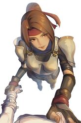  1boy absurdres armor bad_id bad_pixiv_id boobplate breastplate breasts brown_hair chainmail cloud_strife commentary_request female final_fantasy final_fantasy_vii final_fantasy_vii_remake from_above hair_ribbon hand_on_another&#039;s_chest headband highres holding_hands impossible_armor jessie_rasberry looking_at_viewer out_of_frame pants parted_lips pauldrons ponytail pov pov_hands rakuga_kiya red_eyes red_headband ribbon shoulder_armor small_breasts solo_focus white_background 