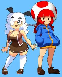  2girls artist_name big_breasts black_eyes blue_background blue_jacket breasts brown_dress brown_shoes brown_vest cleavage clothing costume_switch dress duo female female_only full_body goomba goomba_girl hair_over_one_eye happy highres indifferent jacket large_breasts light-skinned_female light_skin long_hair mario_(series) medium_breasts minus8 mob_face mushroom nintendo no_nose open_mouth red_hair shoes socks standing stockings thick thick_hips thick_thighs thighhighs toad_(mario) toad_girl vest white_hair wide_hips 