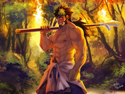  1boy abs bad_id bad_pixiv_id bara blush character_request clothes_around_waist facial_hair feet_out_of_frame forest goatee holding holding_polearm holding_weapon jacket jacket_around_waist japanese_clothes kimono long_hair long_sideburns lrpanda00 male_focus mature_male muscular muscular_male nature navel navel_hair nipples open_clothes open_kimono outdoors over_shoulder pectorals polearm sangokushi_puzzle_taisen sideburns solo spear stomach sunset sweat thick_thighs thighs topless_male trident weapon weapon_over_shoulder 