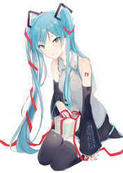  aqua_nails aqua_necktie bare_shoulders black_skirt black_sleeves black_thighhighs blue_eyes blue_hair blue_nails box breasts commentary detached_sleeves english_commentary female full_body gift gift_box grey_shirt hair_ornament hatsune_miku long_hair looking_at_viewer lpip miniskirt nail_polish necktie pleated_skirt red_ribbon ribbon seiza shirt shoulder_tattoo sitting skirt sleeveless sleeveless_shirt sleeves_past_wrists smile solo tattoo thighhighs twintails very_long_hair vocaloid 