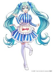  :d apron aqua_eyes aqua_hair artist_name blue_bow blue_dress blush bow clothes_writing commentary company_name cosplay dress female frilled_apron frills hairbow hand_up hatsune_miku high_heels juliet_sleeves leg_up long_hair long_sleeves looking_at_viewer morikura_en official_art open_mouth puffy_sleeves simple_background smile solo standing standing_on_one_leg striped_clothes striped_dress teeth thighhighs twintails upper_teeth_only vertical-striped_clothes vertical-striped_dress very_long_hair vocaloid waist_apron wendy&#039;s wendy_(wendy&#039;s) wendy_(wendy&#039;s)_(cosplay) white_apron white_background white_footwear white_thighhighs zettai_ryouiki 