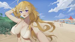  6+others ahoge beach bikini bird blonde_hair blue_sky breasts cleavage cloud cloudy_sky day female food_stand food_truck hand_in_own_hair highres large_breasts long_hair looking_at_viewer multiple_others open_mouth outdoors purple_eyes rwby seagull selfie sky smile swimsuit upper_body wangxiii yang_xiao_long 