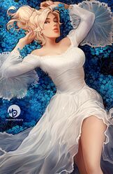  blue_eyes cleavage dress female large_breasts lips mercy momodeary overwatch platinum_blonde_hair seductive solo white_dress 