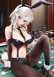  animal_ears azur_lane bare_shoulders between_breasts black_bra black_headband black_necktie black_pantyhose blue_eyes bra breasts brown_pantyhose casino curtains earrings elbow_gloves fake_animal_ears female gloves hair_between_eyes half_gloves head_tilt headband highres jewelry leg_up manjirou_(manji_illust) metal_gloves midriff mole mole_on_breast navel necktie official_alternate_costume open_mouth pantyhose playboy_bunny rabbit_ears rabbit_tail roulette roulette_table sitting smile solo suspenders table tail thighs underwear washington_(azur_lane) white_hair wrist_cuffs zipper 