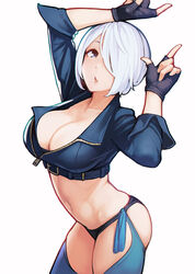  absurdres angel_(kof) arched_back arm_up ataruman black_gloves blue_eyes blue_shirt breasts cleavage commentary_request cowboy_shot crop_top cropped_jacket female fingerless_gloves gloves hair_over_one_eye hand_up highres large_breasts long_sleeves looking_at_viewer midriff navel parted_lips revealing_clothes shirt short_hair simple_background solo standing stomach the_king_of_fighters the_king_of_fighters_xiv thighs white_background white_hair 