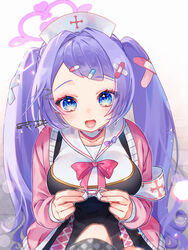  1other applying_bandaid armband bandaid bandaid_hair_ornament black_dress blue_archive blue_eyes blush breasts choker commentary_request crossed_bandaids dress female hair_ornament hairclip halo hanae_(blue_archive) hat heart heart_halo holding_bandaid jacket large_breasts looking_at_viewer memento_mori_(mmnt0_0mr) nurse_cap oerba_yun_fang open_mouth oppai_loli pill_hair_ornament pink_halo pink_jacket pov pov_legs purple_hair safety_pin sailor_collar sailor_dress skin_fang solo_focus twintails white_choker white_sailor_collar 