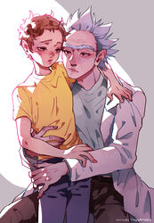  2boys brown_hair coat gogglesyo grandfather_and_grandson highres lab_coat male_focus messy_hair morty_smith multiple_boys rick_and_morty rick_sanchez shirt short_hair spiked_hair unibrow white_coat white_hair yellow_shirt 