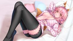  absurdres animal_ear_fluff animal_ears black_shorts black_thighhighs breasts fate/extella fate/extra fate/grand_order fate_(series) female fox_ears fox_girl fox_tail highres jewelry kamehito large_breasts looking_at_viewer lying navel necklace no_bra official_alternate_costume open_clothes open_shirt pink_hair shorts solo tail tamamo_(fate) tamamo_no_mae_(fate/extra) tamamo_no_mae_(spring_casual)_(fate) thighhighs yellow_eyes 