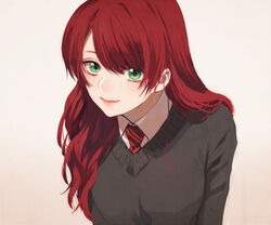  breasts closed_mouth commentary_request female green_eyes gryffindor harry_potter_(series) hogwarts_school_uniform kurosujuu leaning_forward lily_evans long_hair long_sleeves looking_at_viewer necktie red_hair red_necktie school_uniform smile solo sweater upper_body wizarding_world 