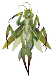  absurdres antennae arthropod_girl breasts carapace claws colored_sclera colored_skin commentary_request extra_arms female full_body green_hair green_sclera green_skin hair_over_one_eye highres horizontal_pupils insect_wings looking_at_viewer mantis_girl medium_breasts medium_hair monster_girl navel no_feet original ruteko_(ruko220) solo white_background wings yellow_eyes 