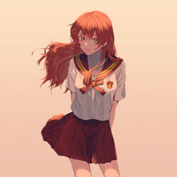  adapted_costume arms_behind_back blouse breasts brown_skirt commentary_request contemporary cowboy_shot female floating_hair green_eyes gryffindor harry_potter_(series) highres kurosujuu lily_evans long_hair medium_breasts miniskirt neck_ribbon orange_background orange_hair orange_ribbon pleated_skirt red_skirt ribbon school_uniform see-through_silhouette serafuku shirt short_sleeves skirt smile solo striped white_shirt wizarding_world 