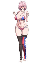  american_flag american_flag_bikini american_flag_print bikini breasts cleavage collarbone cosplay fate/grand_order fate_(series) female flag_print full_body hair_over_one_eye highres large_breasts light_purple_hair looking_at_viewer mash_kyrielight miyamoto_musashi_(fate) miyamoto_musashi_(swimsuit_berserker)_(fate) miyamoto_musashi_(swimsuit_berserker)_(second_ascension)_(fate) miyamoto_musashi_(swimsuit_berserker)_(second_ascension)_(fate)_(cosplay) muta_poo navel open_mouth print_bikini purple_eyes short_hair smile solo swimsuit thighhighs 