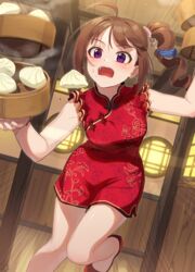  ahoge balancing baozi breasts brown_hair china_dress chinese_clothes chinese_food commentary_request dress drill_hair female floral_print food hair_ornament idolmaster idolmaster_million_live! idolmaster_million_live!_theater_days indoors kamille_(vcx68) leg_up long_hair looking_at_viewer open_mouth purple_eyes red_dress red_footwear side_ponytail sleeveless sleeveless_dress solo standing steam sweatdrop wooden_floor wooden_wall yokoyama_nao 