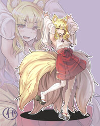  :d \m/ animal_ear_fluff animal_ears armpits arms_up blonde_hair blush brown_eyes detached_sleeves double_\m/ female fluffy fox_ears fox_shadow_puppet fox_tail hakama hakama_short_skirt hakama_skirt highres itou_ryuusei japanese_clothes large_tail long_hair looking_at_viewer magatama miko multiple_tails oerba_yun_fang open_mouth original red_hakama red_skirt shirt skirt slit_pupils smile solo tail thighhighs white_shirt white_thighhighs wide_sleeves zoom_layer 