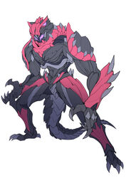  1boy absurdres animal_hood armor black_armor catball1994 claws demon_boy dinosaur dinosaur_tail full_body glowing glowing_eyes highres hood hunched_over kamen_rider kamen_rider_revice kamen_rider_vice male_focus monster pose purple_eyes red_armor rex_genome sharp_teeth simple_background spiked_armor spread_legs standing tail teeth tyrannosaurus_rex white_background 