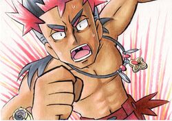  1boy abs black_eyes black_hair clenched_hand commentary_request dark-skinned_male dark_skin furrowed_brow highres jewelry kiawe_(pokemon) looking_at_viewer male_focus multicolored_hair navel necklace oka_mochi open_mouth pokemon pokemon_(anime) pokemon_sm_(anime) red_hair red_shorts shorts solo sweat teeth toned toned_male tongue topless_male traditional_media watch wristwatch 