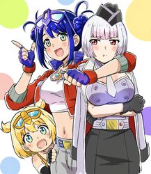  3girls arm_around_shoulder belt black_gloves black_skirt blonde_hair blue_belt blue_eyes blue_gloves breasts bumblebee_(transformers) crop_top eyewear_on_head finger_gun fingerless_gloves genderswap_(mtf) gloves grey_belt grey_jacket grey_shorts hair_behind_ear highres humanization jacket jacket_on_shoulders jewelry komagoma kotobukiya_bishoujo matrix_of_leadership medium_breasts megatron megatron_(kotobukiya_bishoujo) midriff multiple_girls navel necklace open_mouth optimus_prime optimus_prime_(kotobukiya_bishoujo) red_jacket rule_63 shirt short_hair shorts skirt smile transformers two_side_up white_shirt 