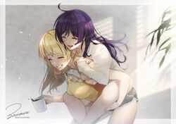  2girls ahoge ayase_eli bad_id bad_twitter_id blonde_hair blue_shorts carrying closed_eyes coffee coffee_mug commentary cross cross_necklace cup grin highres jewelry laughing long_hair love_live! love_live!_school_idol_project mug multiple_girls necklace open_mouth piggyback plant purple_hair shirt short_shorts shorts signature smile tank_top thighs tojo_nozomi white_shirt yellow_tank_top yuri zawawa_(satoukibi1108) 