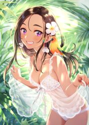  :d animal_on_shoulder babydoll bare_shoulders bird bird_on_shoulder blush braid breasts brown_hair cleavage collarbone commentary_request cowboy_shot earrings female flower frills from_side grin hair_flower hair_ornament highres hoop_earrings jewelry leaf leaning_forward lens_flare long_hair looking_at_viewer looking_to_the_side lovebird medium_breasts morikura_en open_mouth original panties parrot partial_commentary plumeria purple_eyes see-through side_braid smile solo strap_gap sunlight teeth underwear underwear_only white_flower white_panties 