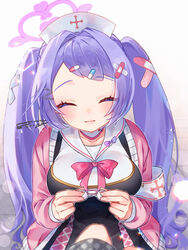  1other applying_bandaid armband bandaid bandaid_hair_ornament black_dress blue_archive blush breasts choker closed_eyes closed_mouth commentary_request crossed_bandaids dress facing_viewer female hair_ornament hairclip halo hanae_(blue_archive) hat heart heart_halo holding_bandaid jacket large_breasts memento_mori_(mmnt0_0mr) nurse_cap oerba_yun_fang oppai_loli pill_hair_ornament pink_halo pink_jacket pov pov_legs purple_hair safety_pin sailor_collar sailor_dress skin_fang smile solo_focus twintails white_choker white_sailor_collar 