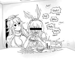  2girls bar_censor bb_(baalbuddy) blank_room_soup burger burger_king censored commentary crop_top crying cup disposable_cup eating elbow_gloves english_commentary english_text fast_food fingerless_gloves food french_fries gloves greyscale hand_on_another&#039;s_head highres identity_censor iowa_(kancolle) kantai_collection long_hair miniskirt monochrome multiple_girls rensouhou-chan school_uniform serafuku shimakaze_(kancolle) skirt sobbing sound_effects thighhighs 