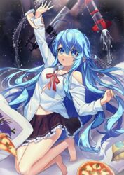  1boy :o antenna_hair arm_up black_skirt blue_eyes blue_hair bow breasts collared_shirt commentary_request denpa_onna_to_seishun_otoko dress_shirt female flying_saucer food frilled_skirt frills hair_between_eyes holding_another&#039;s_wrist karokuchitose long_hair long_sleeves margherita_pizza navel off_shoulder parted_lips pizza pleated_skirt red_bow shirt skirt small_breasts solo_focus spacecraft touwa_erio ufo very_long_hair water water_rocket white_shirt 