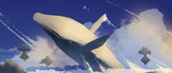  animal blue_sky cloud cloudy_sky commentary day english_commentary floating_island flying_whale highres humpback_whale karch_cheung no_humans original outdoors scenery sky tree whale 