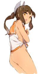  alchera ass bottomless brown_eyes brown_hair covering_breasts covering_privates cowboy_shot female i-401_(kancolle) kantai_collection long_hair looking_at_viewer open_mouth orange_sailor_collar partially_undressed ponytail sailor_collar shirt side-tie_shirt simple_background sleeveless sleeveless_shirt solo surprised white_background white_shirt 