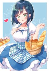  absurdres alternate_breast_size apron baguette basket blue_apron blue_background blue_bow blue_bowtie blue_hair blue_skirt border bow bowtie bread breasts checkered_apron checkered_clothes cowboy_shot delicious_party_precure employee_uniform female food fuwa_kokone gingham gingham_apron green_eyes hair_between_eyes high-waist_skirt highres hiiragi_syuu kobeya kobeya_uniform kome-kome_(precure) medium_breasts open_mouth pam-pam_(precure) plaid plaid_apron pleated_shirt precure short_hair short_sleeves skirt uniform waitress white_border 