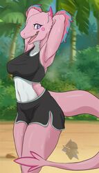  absurd_res anthro armpit_fetish athletic_wear bodily_fluids breasts detailed_background dinosaur doraemon extinct feathers female forest gelato24 hi_res non-mammal_breasts pink_body pink_tail pinup plant pose prehistoric_species reptile scalie snout solo sweat tail tree workout_clothing 