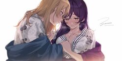  2girls ayase_eli bad_id bad_twitter_id blonde_hair blue_eyes blush breasts closed_mouth green_eyes hair_between_eyes hand_on_another&#039;s_chest highres japanese_clothes kimono large_breasts long_hair looking_at_another looking_down love_live! love_live!_school_idol_project multiple_girls parted_lips pink_lips purple_hair robe signature sweat tojo_nozomi yukata yuri zawawa_(satoukibi1108) 